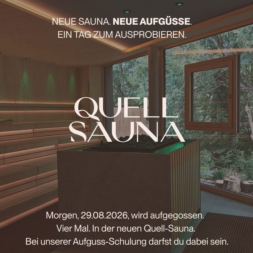 Eine Werbung für eine neue Sauna und Dampfbäder mit dem Datum 29. August 2026. Es zeigt ein holzverkleidetes Interieur mit einem großen Fenster, das einen Wald draußen zeigt. Der Text ist auf Deutsch.