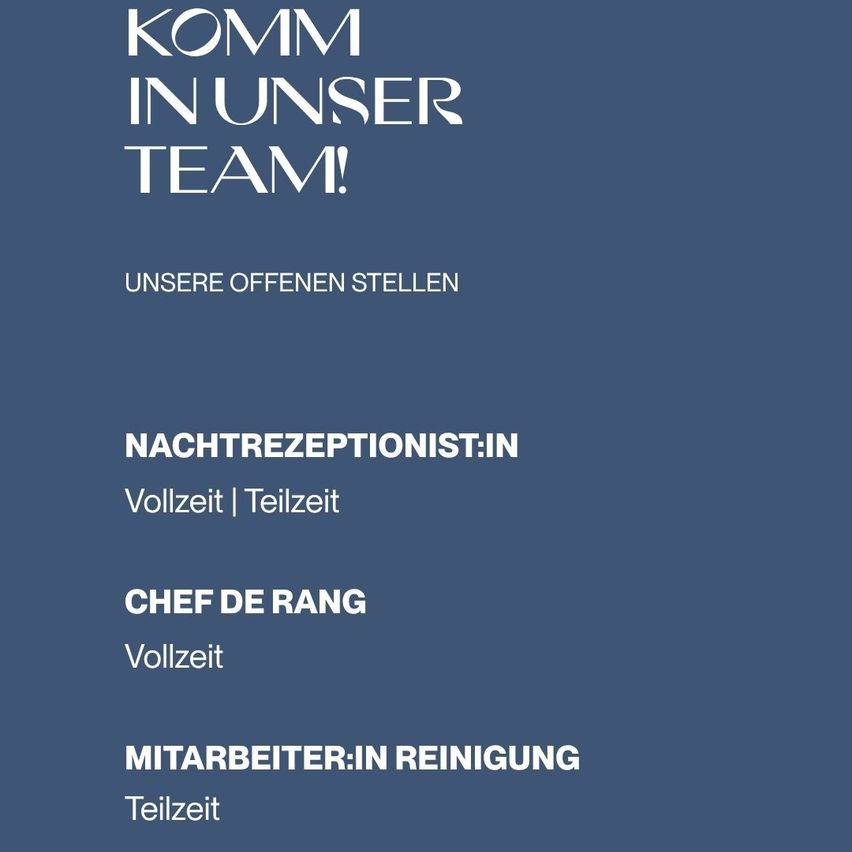 A recruitment poster with a blue background. It lists open positions for a night receptionist, head chef, and cleaning staff, all available full-time or part-time.