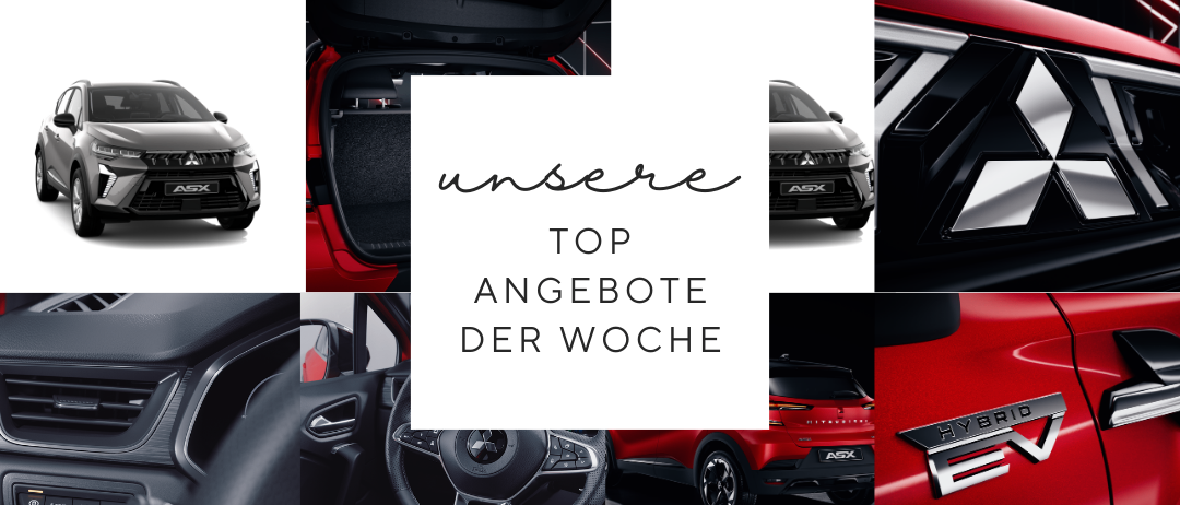 Eine Collage von Mitsubishi-Autobildern. Es zeigt den offenen Kofferraum, vorne und hinten, das Emblem und das Hybrid-EV-Logo.