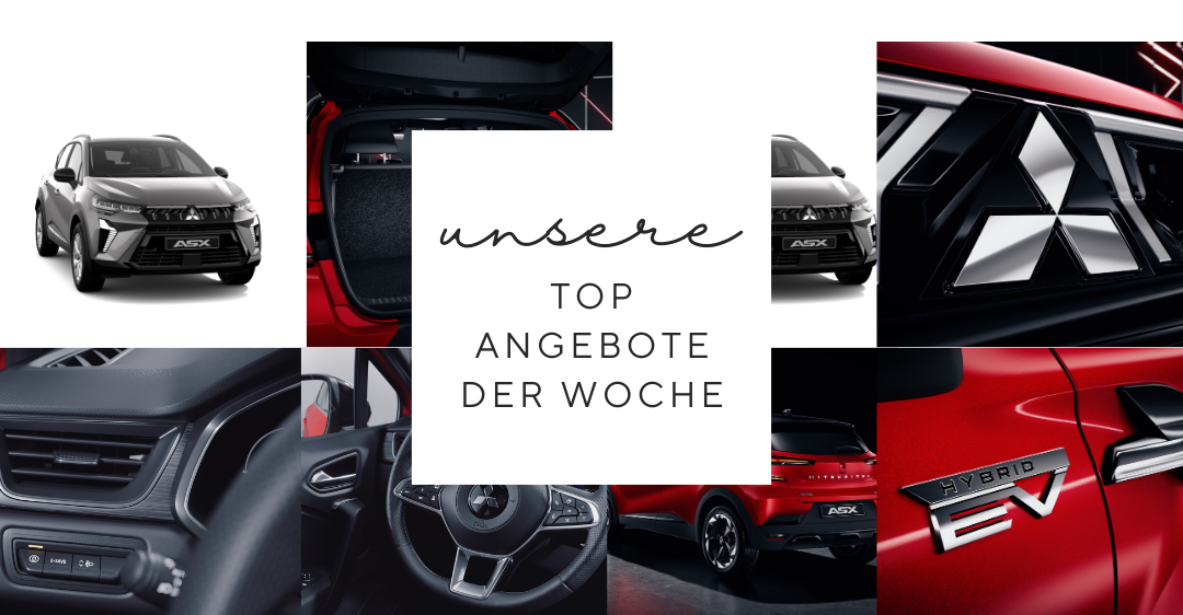 Eine Collage von Mitsubishi-Autobildern. Es zeigt den offenen Kofferraum, vorne und hinten, das Emblem und das Hybrid-EV-Logo.