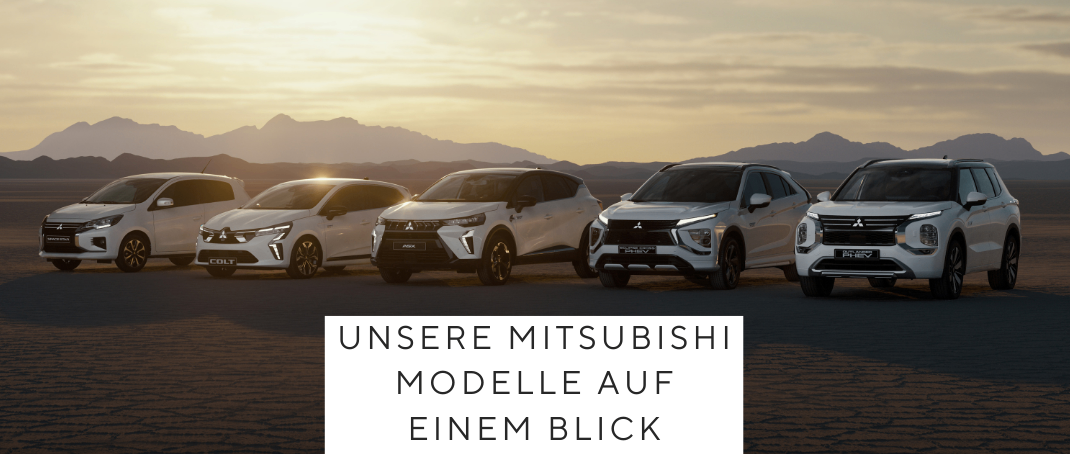 Ein Bild einer Wüste mit mehreren Mitsubishi-Autos in einer Reihe geparkt. Der Text lautet 'Unsere Mitsubishi Modelle auf einen Blick.' Im Hintergrund befinden sich Berge.