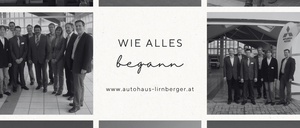 Eine Collage aus Schwarz-Weiß-Bildern zeigt ein Autoservicegebäude, Mitarbeiter und Fahrzeuge. Das oberste Bild zeigt ein Autoservicegebäude mit 'KFZ REPARATIONEN' und 'ND TEILE FUR ALLE PK' auf dem Schild.
