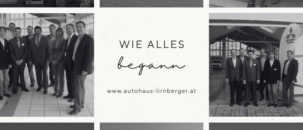 Eine Collage aus Schwarz-Weiß-Bildern zeigt ein Autoservicegebäude, Mitarbeiter und Fahrzeuge. Das oberste Bild zeigt ein Autoservicegebäude mit 'KFZ REPARATIONEN' und 'ND TEILE FUR ALLE PK' auf dem Schild.