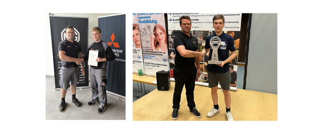 Zwei Männer halten in einem Bild eine Urkunde und schütteln in einem anderen mit einer Trophäe die Hände.