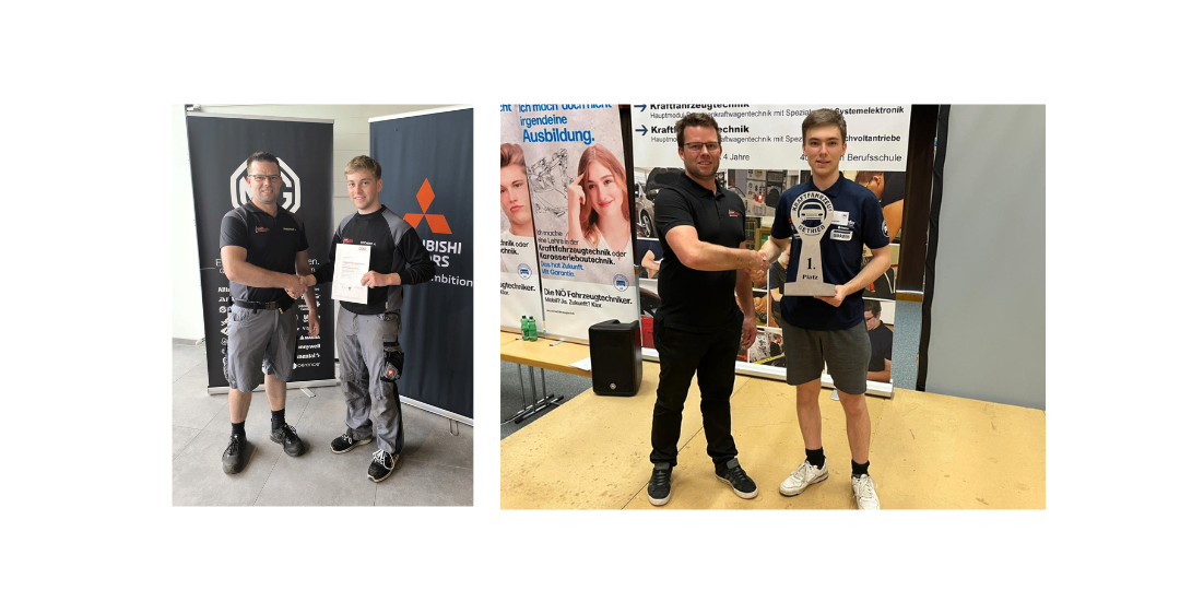 Zwei Männer halten in einem Bild eine Urkunde und schütteln in einem anderen mit einer Trophäe die Hände.