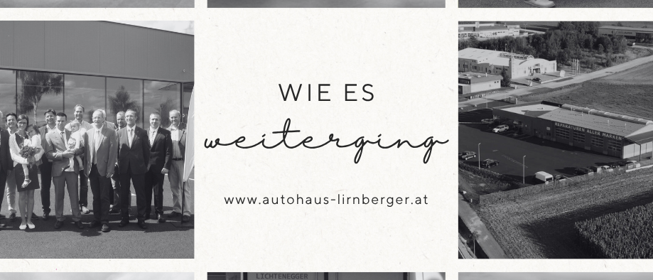 Eine Reihe von Schwarz-Weiß-Bildern, die verschiedene Szenen aus einem Autohaus zeigen, darunter Mitarbeiter, Kunden und die Einrichtung.