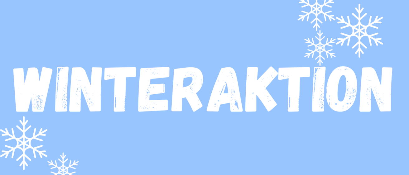 Ein blauer Banner zeigt das Wort WINTERAKTION in weißer Schrift mit Schneeflocken an den oberen und unteren Kanten.