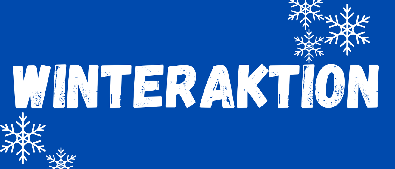 Ein blauer Banner mit weißen Schneeflocken oben und unten. Es steht 'WINTERAKTION' in weißen Buchstaben.