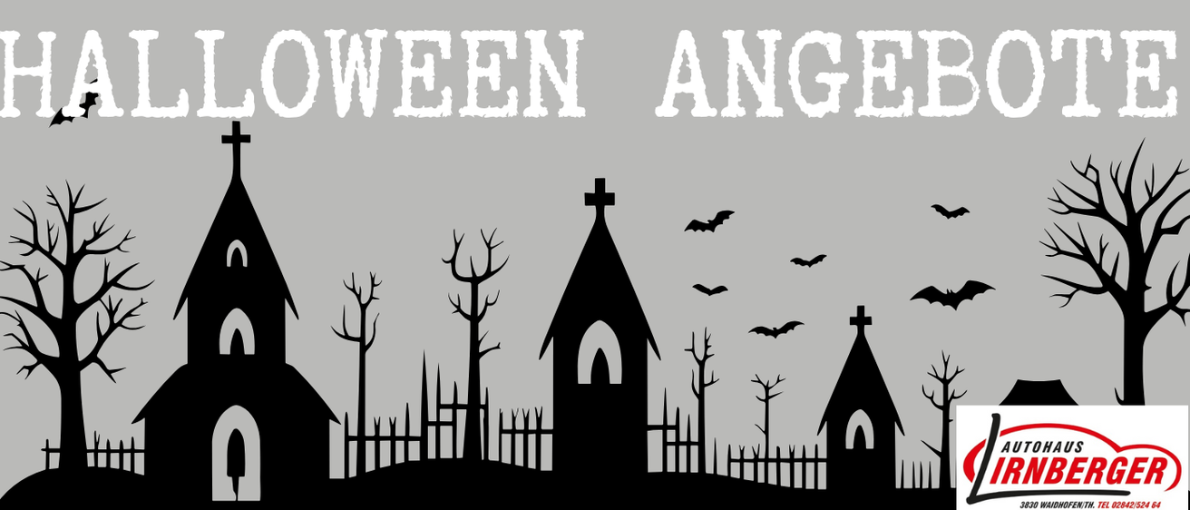 Ein Halloween-Banner zeigt eine Friedhofsszene mit einer Kirche und Bäumen. Der Text lautet 'Halloween Angebote'. Fledermäuse fliegen oben. Ein Logo für 'Autohaus Irnberger' befindet sich unten.