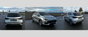 Drei Ansichten eines silbernen Toyota Yaris Hatchback in einem Parkplatz. Die erste Ansicht ist die Rückseite, die zweite die Vorderseite und die dritte eine Seitenansicht.