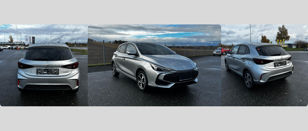 Drei Ansichten eines silbernen Toyota Yaris Hatchback in einem Parkplatz. Die erste Ansicht ist die Rückseite, die zweite die Vorderseite und die dritte eine Seitenansicht.