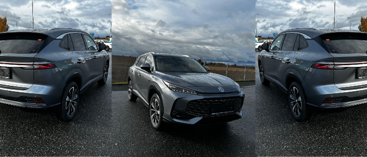 Drei Bilder zeigen einen modernen grauen SUV von hinten, von vorne und wieder von hinten. Das Fahrzeug zeichnet sich durch schlanke Linien, einen Spoiler und LED-Rückleuchten aus. Die Umgebung besteht aus einem bewölkten Himmel, einem Zaun und anderen Fahrzeugen.