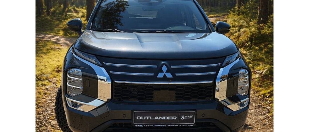 Die Vorderansicht eines schwarzen Mitsubishi Outlanders steht auf einer mit Bäumen gesäumten Wiese.