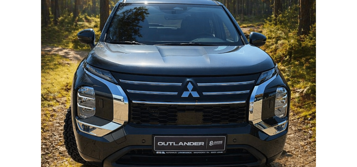 Die Vorderansicht eines schwarzen Mitsubishi Outlanders steht auf einer mit Bäumen gesäumten Wiese.