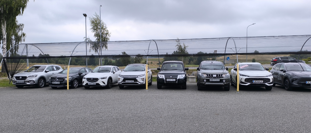 Eine Reihe von Autos parkt auf einem Parkplatz unter einem bewölkten Himmel. Verschiedene Automodelle sind sichtbar.