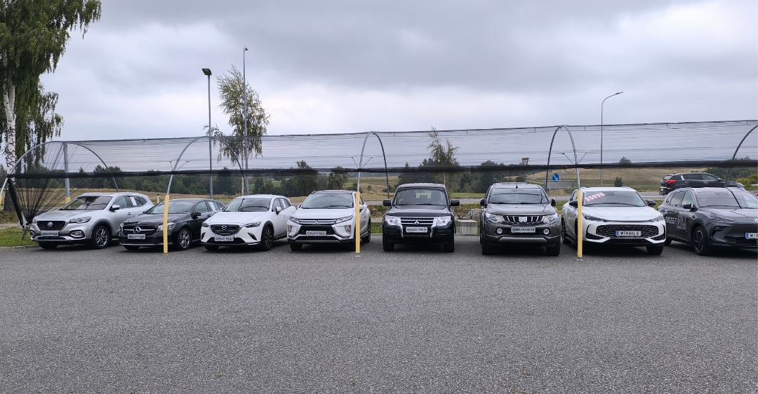 Eine Reihe von Autos parkt auf einem Parkplatz unter einem bewölkten Himmel. Verschiedene Automodelle sind sichtbar.