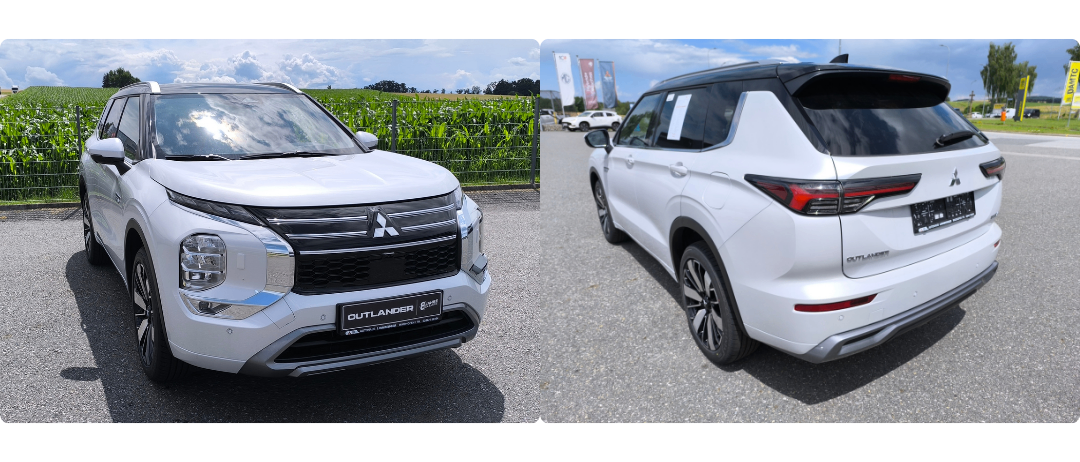 Zwei Bilder eines weißen Mitsubishi Outlander SUV. Das erste Bild zeigt die Vorderansicht und das zweite Bild zeigt die Heckansicht.