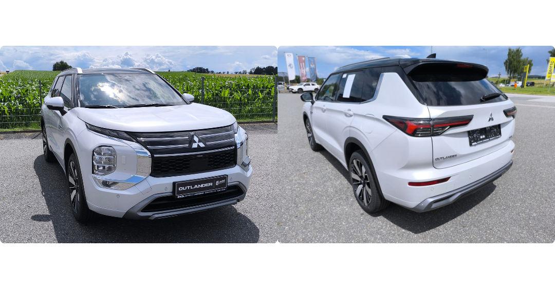 Zwei Bilder eines weißen Mitsubishi Outlander SUV. Das erste Bild zeigt die Vorderansicht und das zweite Bild zeigt die Heckansicht.