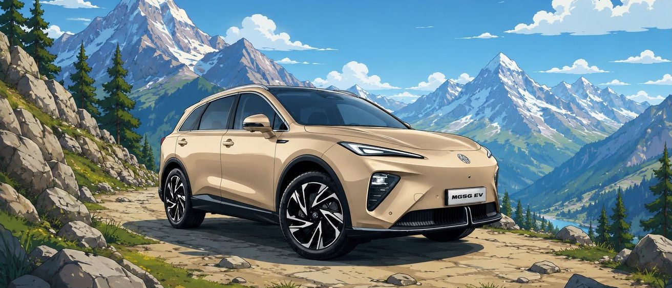 Ein beigefarbener MG5 EV SUV steht auf einem Schotterweg mit felsigem Gelände vor einer Gebirgslandschaft. Das Fahrzeug hat ein modernes Design mit schlanken Linien und einem markanten vorderen Kühlergrill.