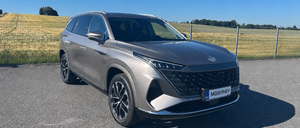 Ein grauer Toyota Highlander SUV mit dem Kennzeichen MGS9 PHEV vor einem Zaun geparkt.