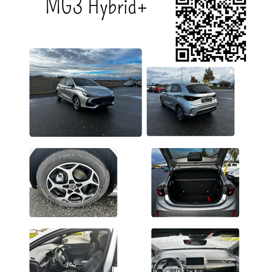 Bilder des MG3 Hybrid+ Autos, mit Vorderseite, Rückseite, Reifen, offenem Kofferraum und Innenraum.