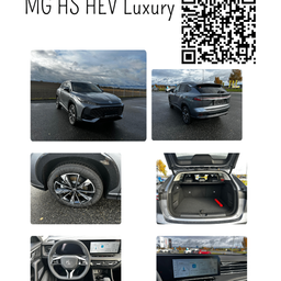 Ein Bild des MG HS HEV Luxury Autos mit verschiedenen Aufnahmen des Fahrzeugs. Es enthält Vorder-, Rück- und Innenaufnahmen des Autos sowie einen QR-Code.
