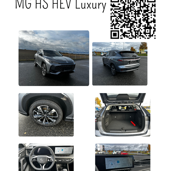 Ein Bild des MG HS HEV Luxury Autos mit verschiedenen Aufnahmen des Fahrzeugs. Es enthält Vorder-, Rück- und Innenaufnahmen des Autos sowie einen QR-Code.