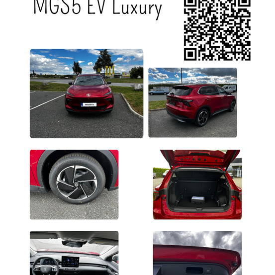 Das Bild zeigt MG5 EV Luxury mit einem QR-Code. Es enthält vier Bilder: ein Auto auf der Straße, ein weiteres Auto von hinten, ein Rad und einen geöffneten Kofferraum.