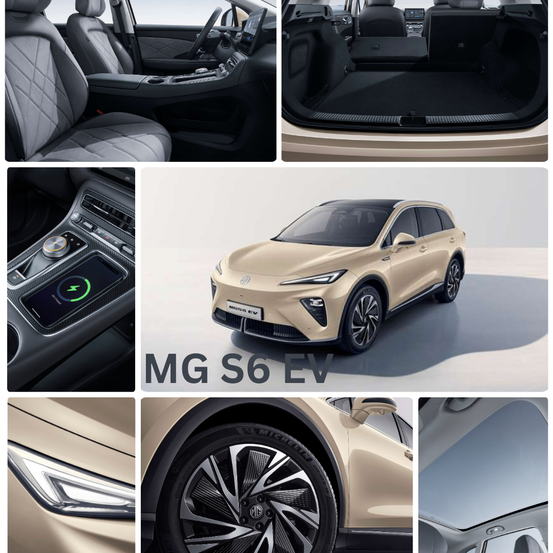 Die Collage zeigt den MG S6 EV mit mehreren Ansichten: Innenraum, hinterer Laderaum, Armaturenbrett, Vorderseite, Räder und Innenraum.
