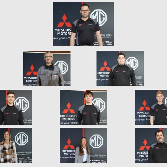Eine Collage von sechs Personen, die vor Mitsubishi Motors Bannern stehen. Jede Person trägt ein schwarzes T-Shirt mit Mitsubishi Motors Logo und einem roten Logo.