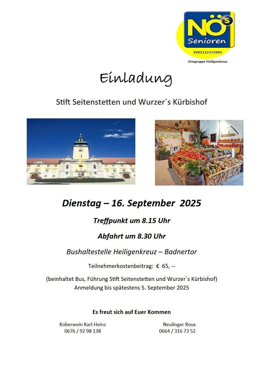 Plakat für eine Führung am 16. September 2025 vom Stift Seitenstetten und Wurzer's Kürbisbischof, mit einem Foto der Burg und einem Gemüsemarkt.