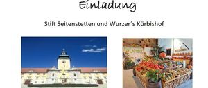 Ein Einladungsposter für eine Tour zum Stift Seitenstetten und Wurzer's Kürbisshop am Dienstag, 16. September 2025. Der Treffpunkt ist um 8:15 Uhr, und die Abfahrt ist um 8:30 Uhr. Bushaltestelle Heiligenkreuz-Badnertor. Anmeldeschluss ist der 5. September 2025.