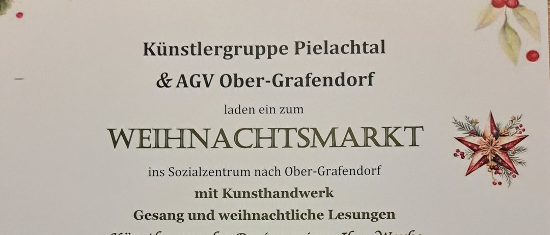 Plakat für einen Weihnachtsmarkt von Künstlern und AGV Ober-Grafendorf. Bietet Kunst, Lesungen und Buchsignierstunden. Geplant für drei Tage mit Details für jeden Tag.