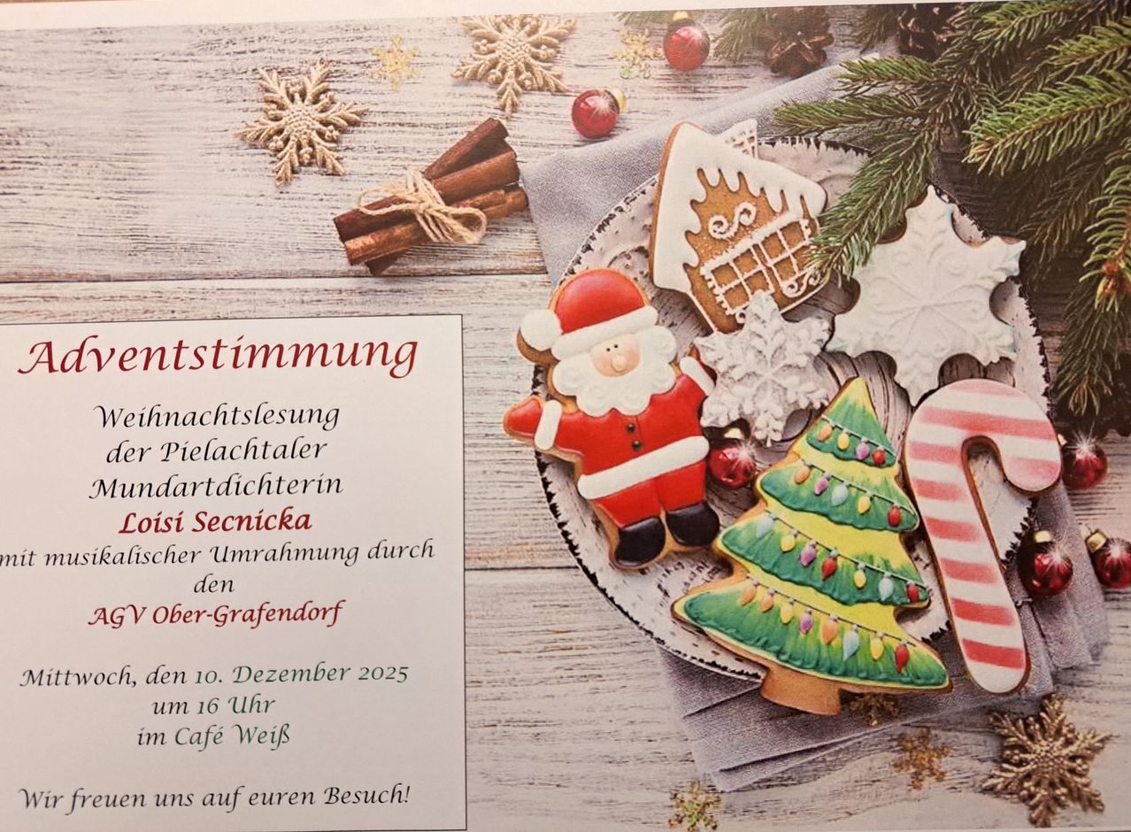 Ein Weihnachtslesung im Café Weiß am 10. Dezember 2025 um 16 Uhr. Mit Lebkuchen, Zimtstangen und Schneeflocken.