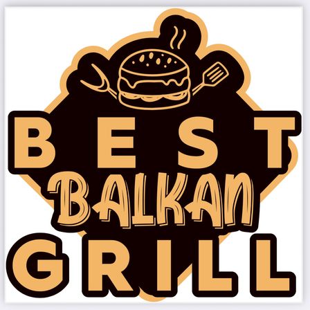 Logo für Best Balkan Grill, das einen Burger, eine Gabel und einen Spatel zeigt. Das Design hat die Form eines Schildes mit goldenen Akzenten.