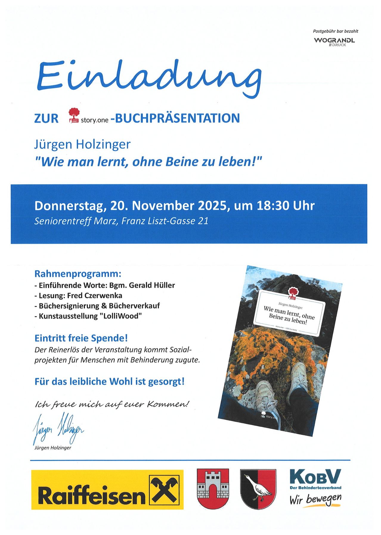 Plakat für Buchpräsentation von Jürgen Holzinger. Veranstaltung am Donnerstag, 20. November 2025, um 18:30 Uhr. Ort: Seniortreff Marz, Franz Liszt-Gasse 21. Programm beinhaltet einführende Worte, Lesung, Buchsignierung, Verkauf und Kunstausstellung. Eintritt frei, Erlös für soziale Projekte. Unterschrift von Jürgen Holzinger.