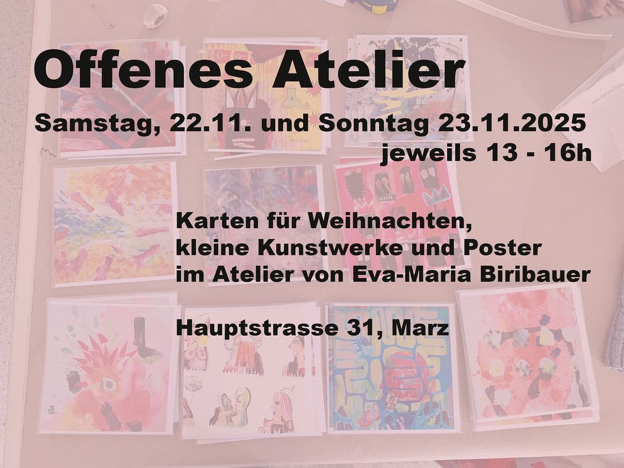 Poster, Karten und kleine Kunstwerke für Weihnachten sind im offenen Atelier von Eva-Maria Biriba in der Hauptstrasse 31 erhältlich, geöffnet am Montag, 22.11. und Sonntag, 23.11.2020 ab 13 Uhr.