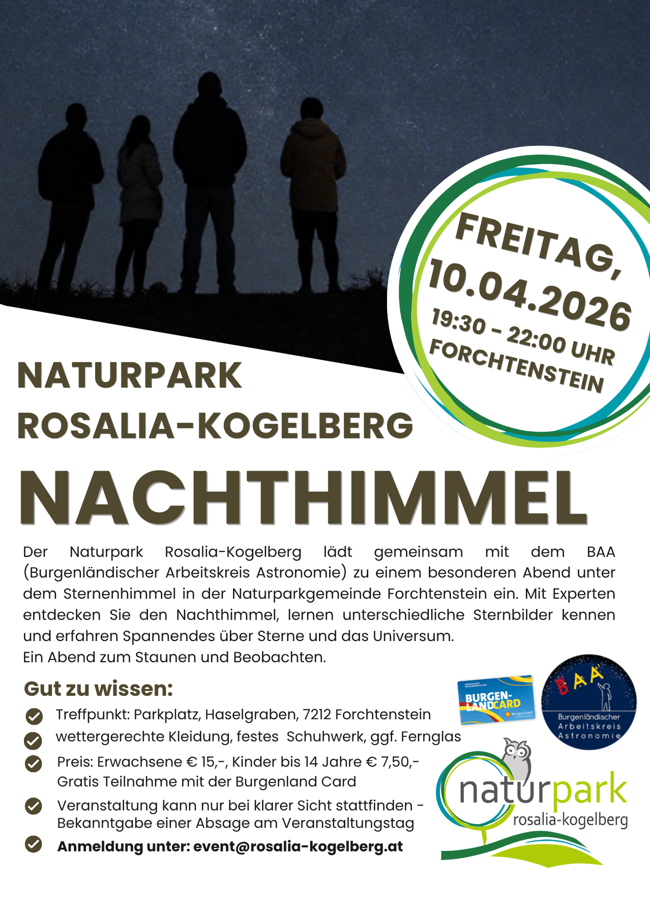 Plakat für eine Nachthimmelbeobachtungsveranstaltung im Naturpark Rosalia-Kogelberg. Datum: 10. April 2026, 19:30-22:00 Uhr. Teilnehmer können mit Experten über Sternbilder, Sterne und das Universum lernen. Treffpunkt an Haselgraben 7212 Forchtenstein.