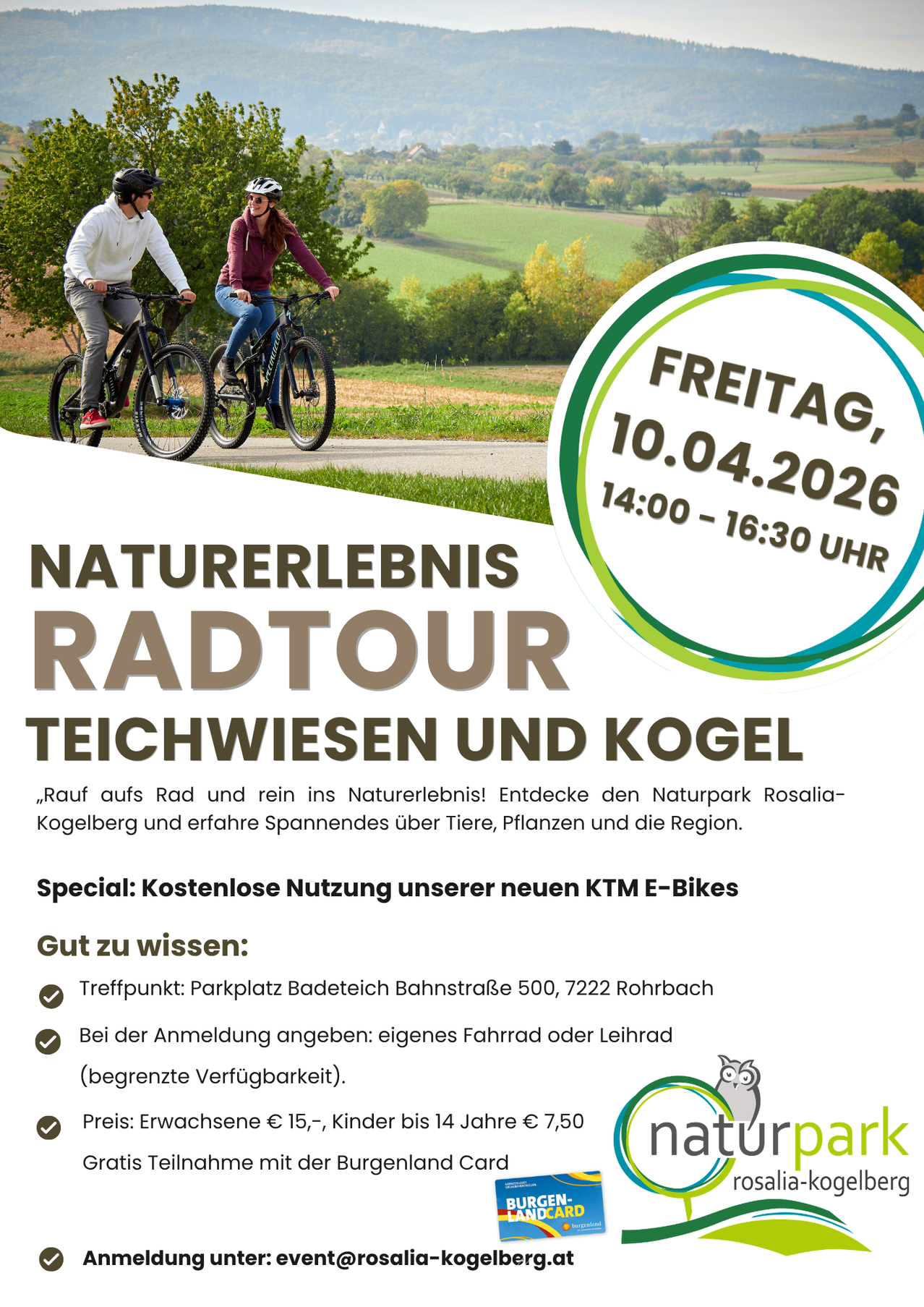 Das Bild zeigt eine Anzeige für eine Naturradtour mit zwei Personen, die Fahrräder in einem Park fahren. Es betont die kostenlose Nutzung von KTM E-Bikes und gibt Anmeldeinformationen. Das Datum und die Uhrzeit sind der 10. April 2026 von 14:00 bis 16:30 Uhr.