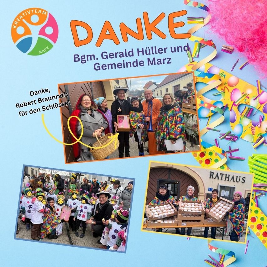 Plakat mit mehreren Bildern, eines in der Mitte von Menschen in Kostümen mit einem Korb und einer Kiste, ein anderes von Menschen in bunten Kostümen mit Kisten, wobei die Wörter Danke und Rathaus sichtbar sind.