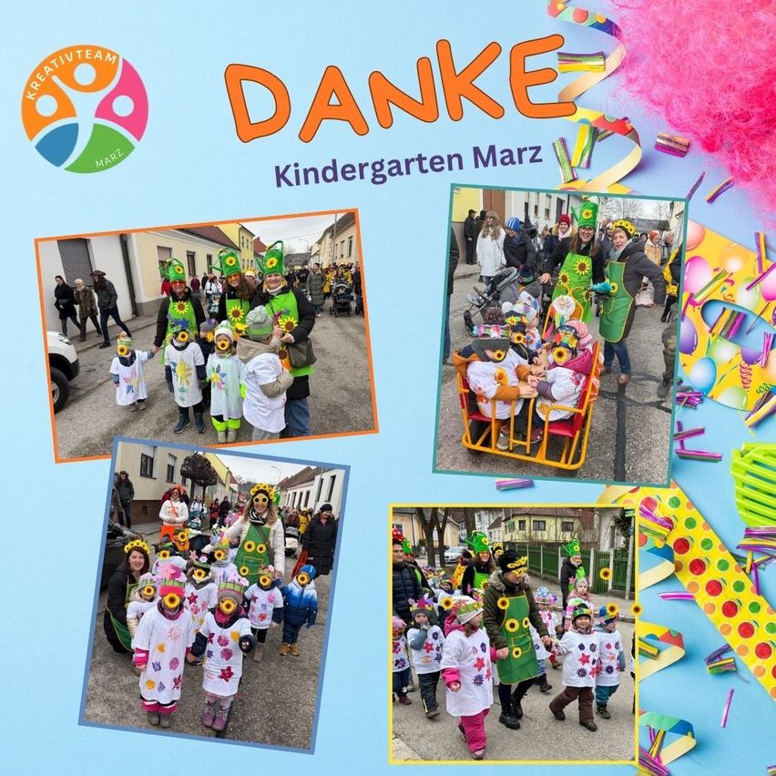 Eine Collage von Fotos zeigt Kinder im Kindergarten in Kostümen, die bei einer Parade mitmarschieren. Der Hintergrund besteht aus einem blauen Hintergrund mit dem Text 'DANKE Kindergarten Marz.' Bunte Dekorationen sind verstreut.