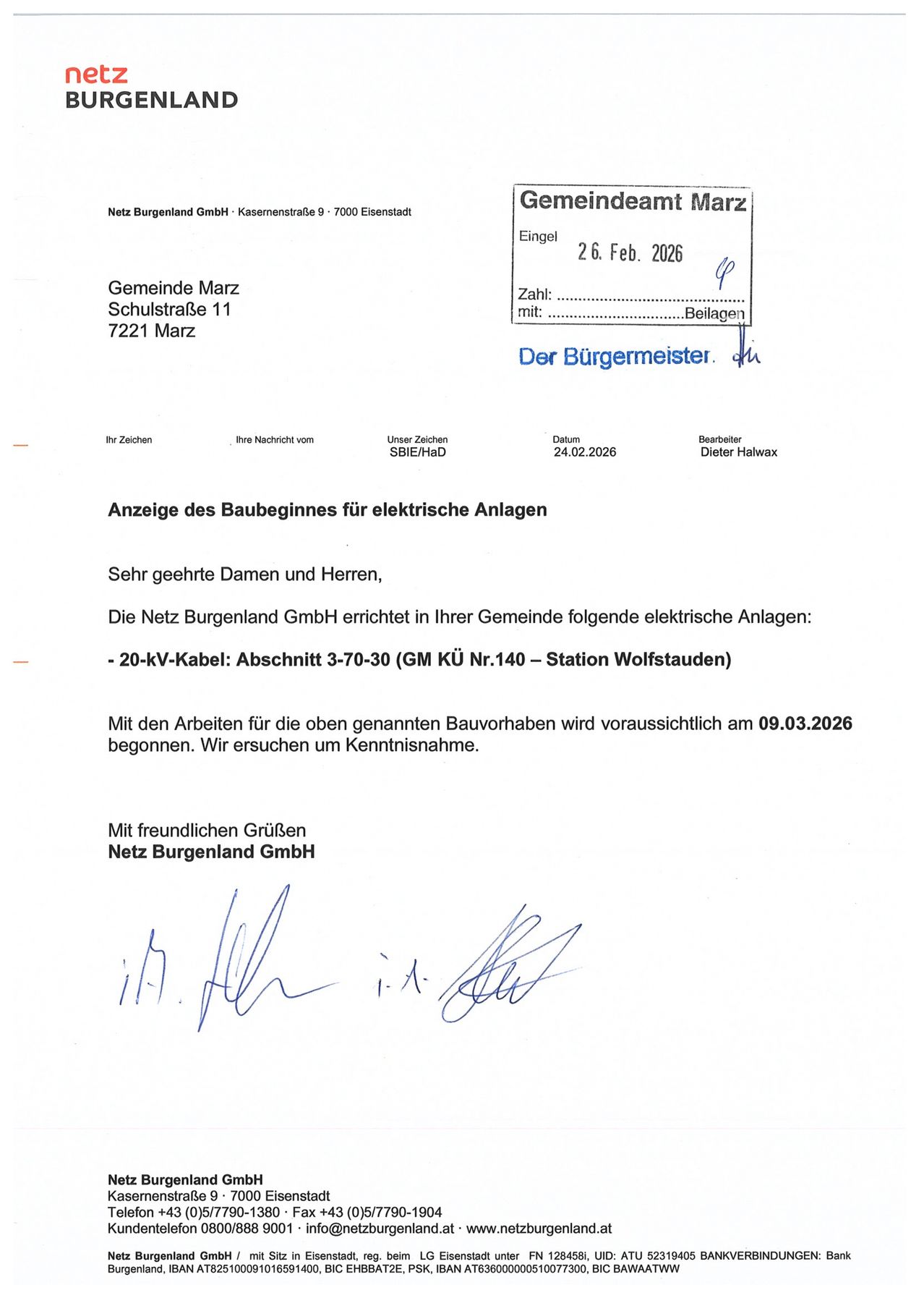 Amtliche Mitteilung von Gemeindeamt March vom 26. Feb. 2026 informiert die Einwohner über elektrische Installationsarbeiten durch Netz Burgenland GmbH. Geplanter Beginn am 9. März 2026. Unterzeichnet vom Bürgermeister.