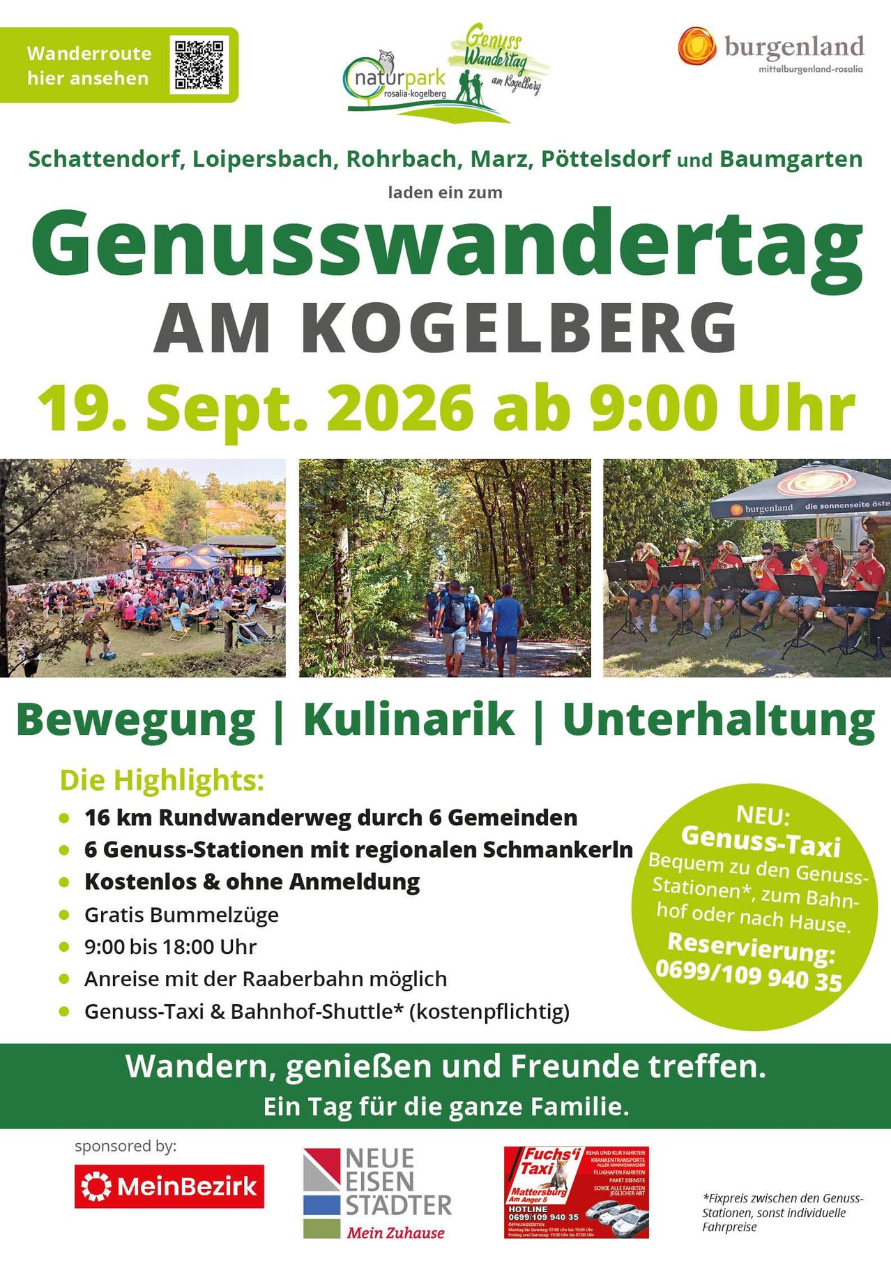 Plakat für Genusswandertag am Kogelberg am 19. September 2026, Beginn um 9:00 Uhr. Zeigt Bilder von Wanderern, Essen und einer spielenden Band. Highlights sind ein 16 km langer Wanderweg, 6 Verkostungsstationen, kostenlose Teilnahme und kostenloser Shuttle-Service.