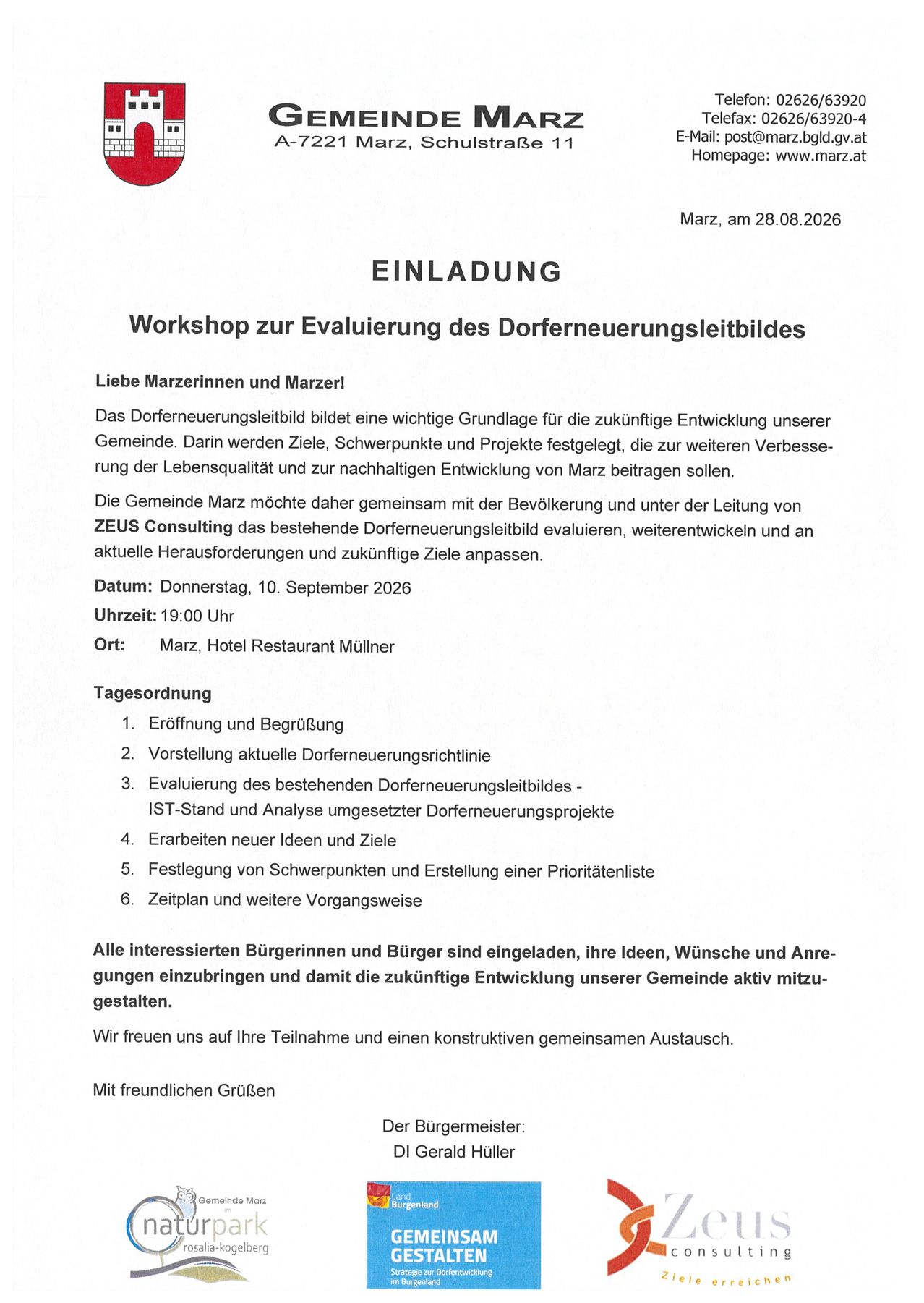 Eine Einladung zu einem Workshop zur Evaluierung des Dorferneuerungsleitbildes. Der Workshop ist für den 10. September 2026 um 19:00 Uhr im Marz, Hotel Restaurant Müllner geplant. Die Tagesordnung umfasst Eröffnung und Begrüßung, Vorstellung aktueller Dorferneuerungsrichtlinien, Evaluierung des bestehenden Dorferneuerungsleitbildes und Brainstorming neuer Ideen und Ziele.