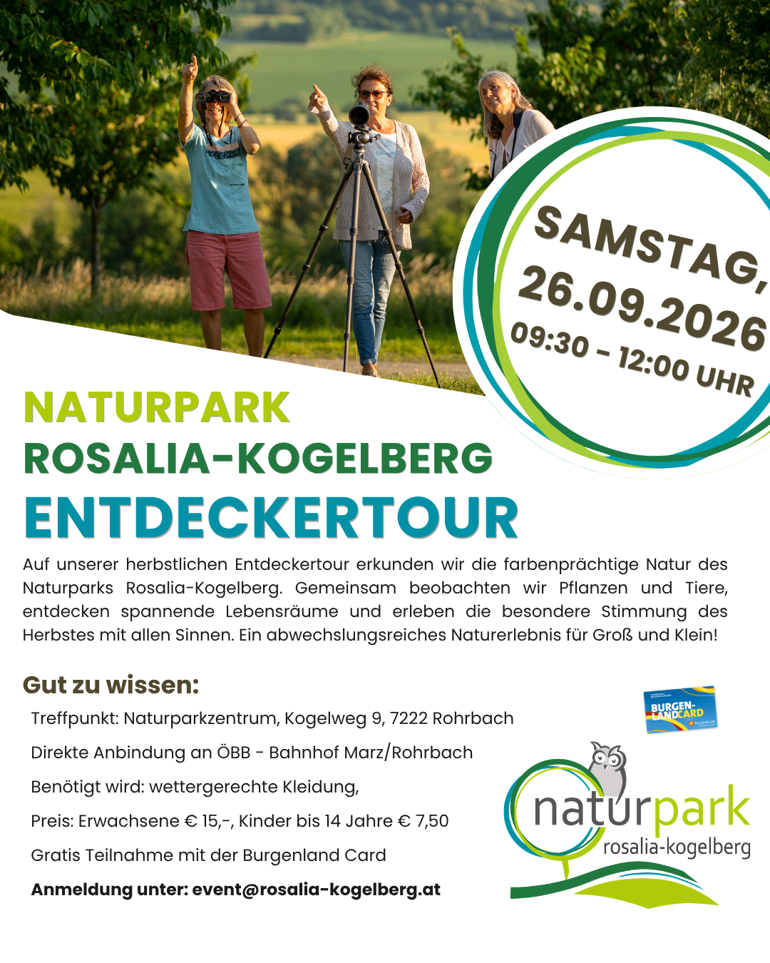 Plakat für eine Naturtour im Naturschutzgebiet Rosalia-Kogelberg, mit drei Personen mit Ferngläsern und einer Kamera vor einem grünen Hintergrund. Die Veranstaltung ist für den 26. September 2026 von 9:30 Uhr bis 12:00 Uhr geplant.