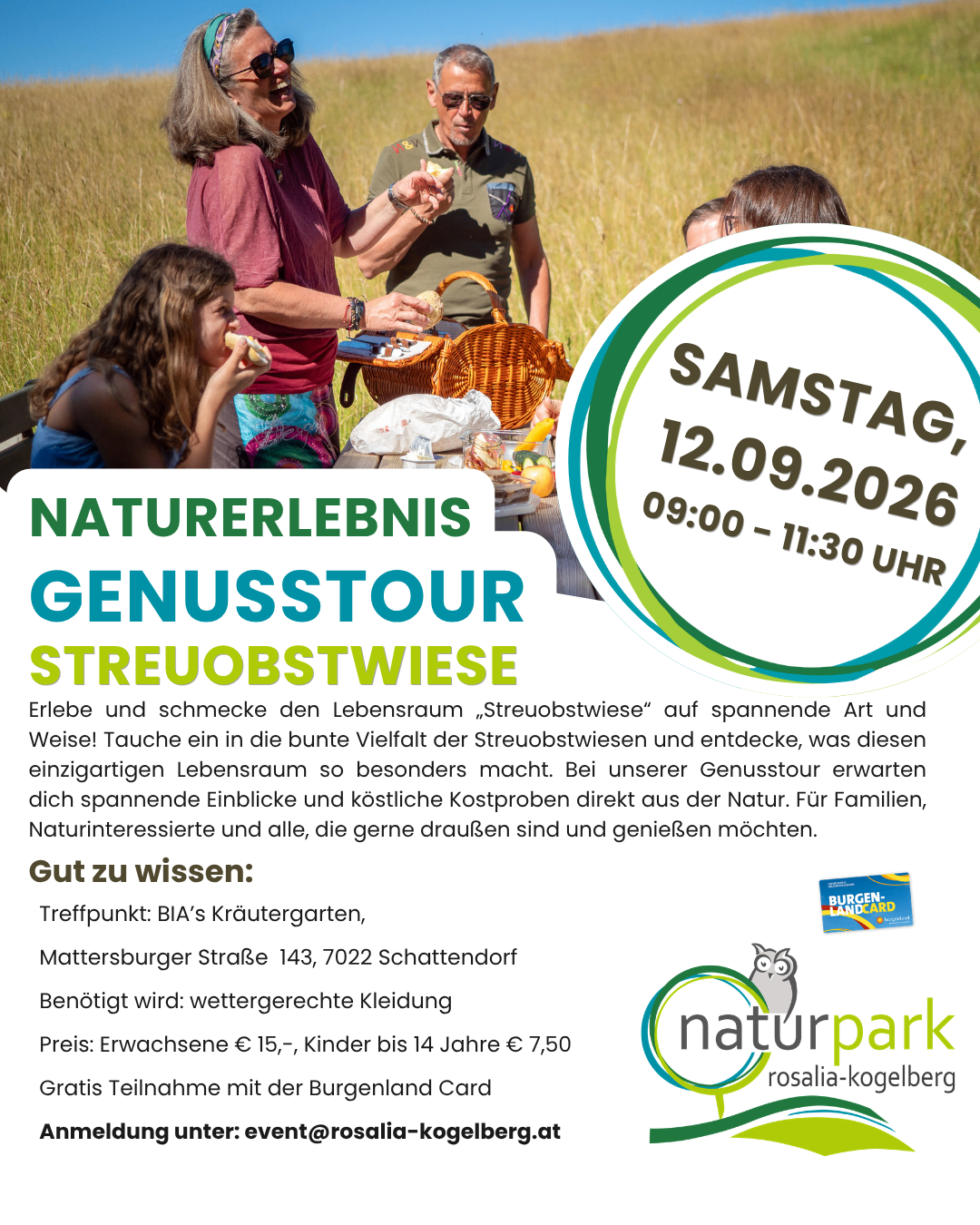 Plakat für ein Naturerlebnis-Event mit einer Familie, die Essen im Freien genießt. Das Plakat enthält Datum und Uhrzeit sowie Informationen zum Veranstaltungsort und Preis.