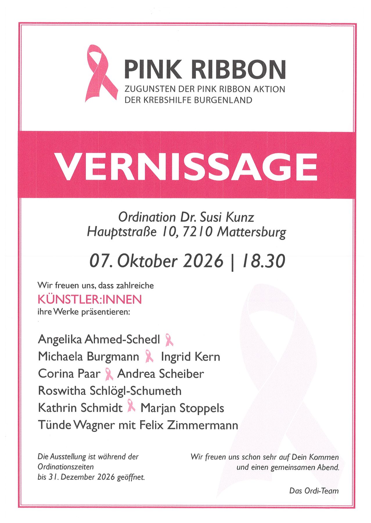 Plakat für die Vernissage-Veranstaltung mit Künstlern, die ihre Werke präsentieren. Datum: 7. Oktober 2026, um 18:30 Uhr. Ort: Hauptstraße 10, 7210 Mattersburg. Gastgeber: Dr. Susi Kunz. Künstler sind Angelika Ahmed-Schedl, Michaela Burgmann, Ingrid Kern und andere.