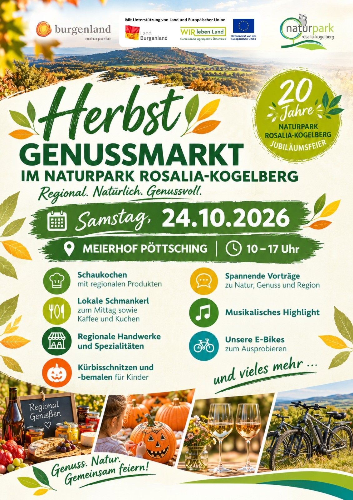 Plakat für eine 20-Jahr-Feier im Rosalia-Kogelberg-Naturpark. Zeigt Kalender-Symbol, Datum, Ort, Zeit und verschiedene Aktivitäten.