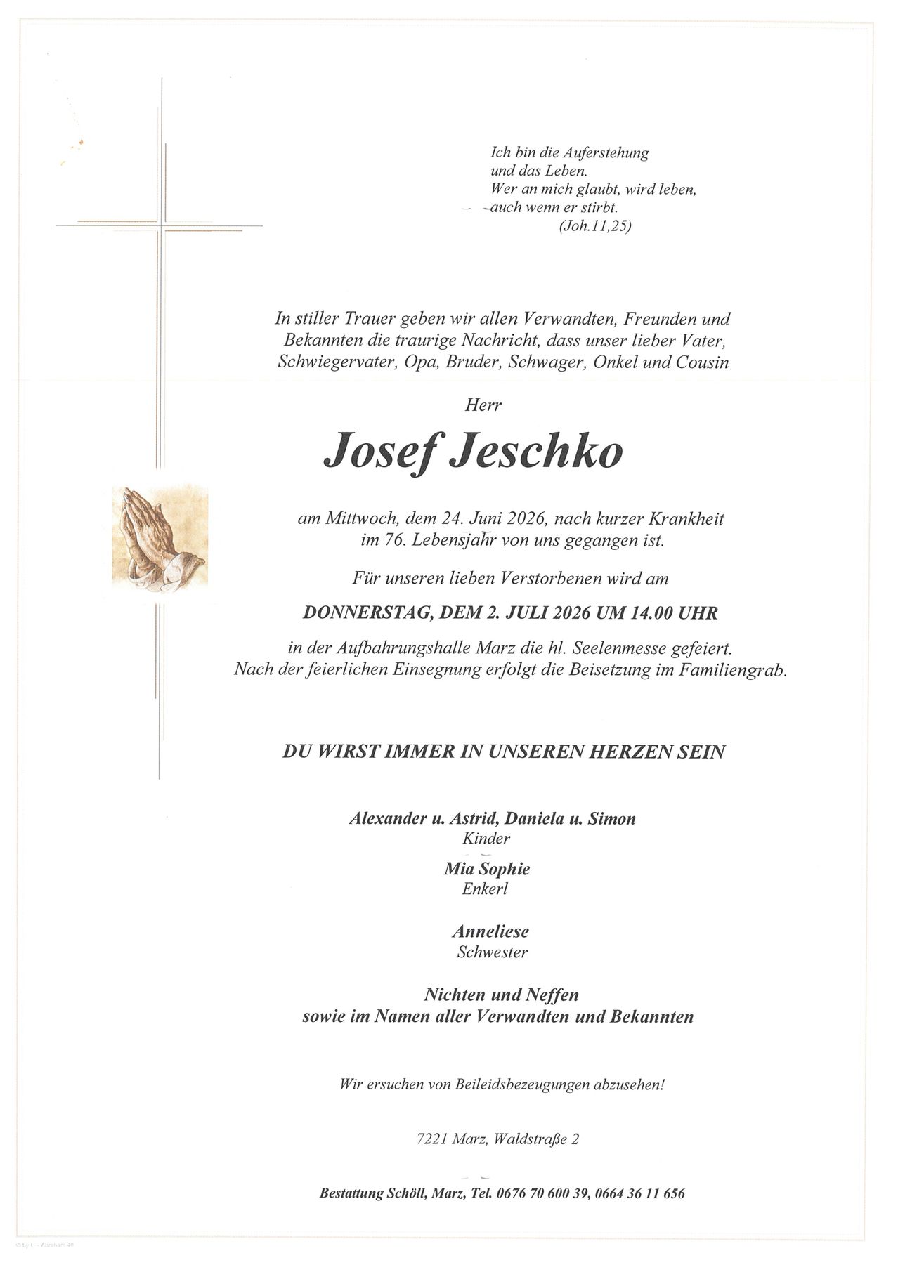 A funeral notice announces the passing of Josef Jeschk, who died at 76. The funeral is on July 2, 2026, at 2 PM in the Aufbahrungshalle. His burial follows in the family grave.