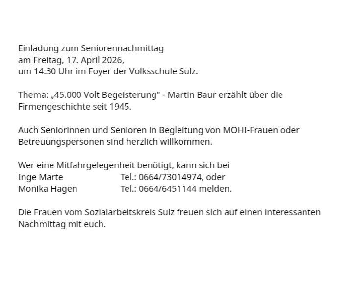 Invitation to the Senior Afternoon on Friday, April 17, 2026, at 2:30 PM in the foyer of Sulz Folk School. Martin Baur will talk about the company history since 1945. Seniors are welcome. Contact Inge or Monika for ride assistance.